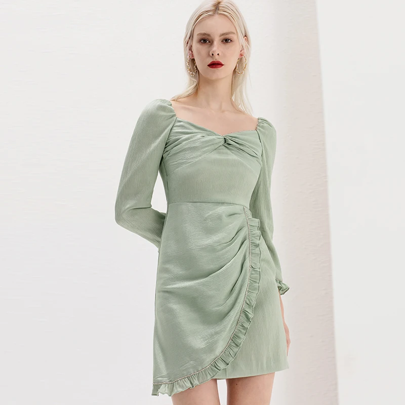 YIGELILA New Arrivals Green Dress Square Collar Full Sleeves Short Dress Ruffles Solid A-line Above-knee Dress 65415