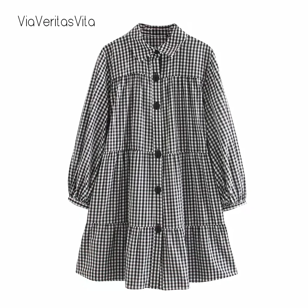 Женское винтажное клетчатое мини платье с длинным рукавом плиссированное летнее