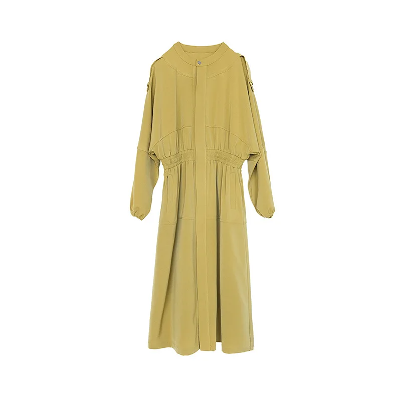 

2020 New Autumn Women Dress Long Fashion Two Wear Windbreaker Stand Collar Waist Down Solid Color Show Thin Bubble Sleeve Dress