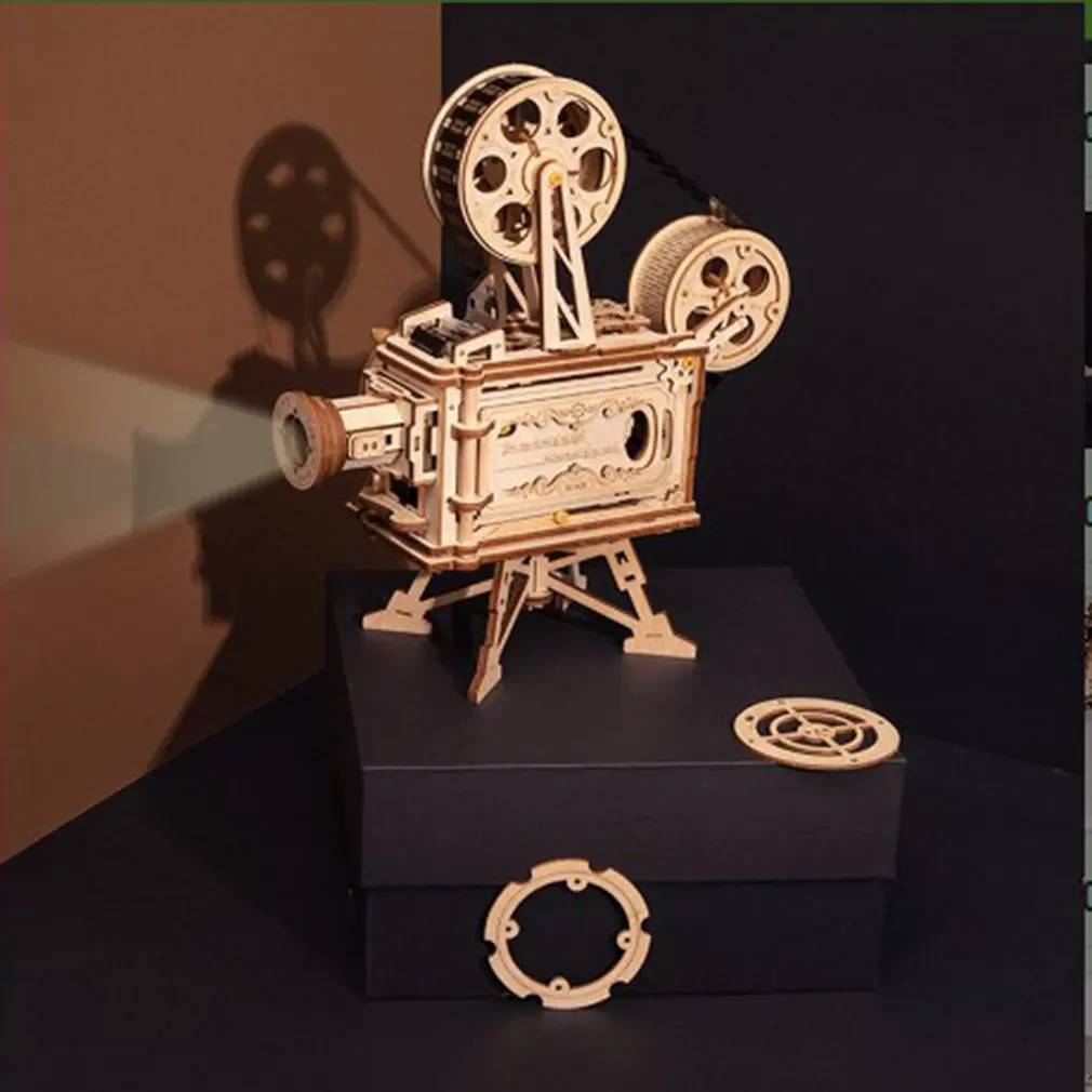 

Wooden Hand Assembled Three-Dimensional Vintage projector Puzzle Toy Wooden Treasure Box Puzzle Kit Kid Mechanical Halloween Toy