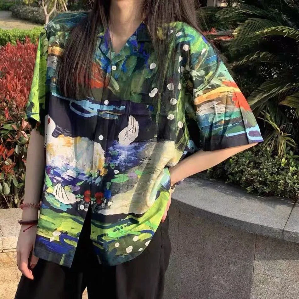 

Рубашка 2021ss с принтом масляной живописи для мужчин и женщин, футболки с цифровым принтом, уличная одежда, на пуговицах, с коротким рукавом, 1:1