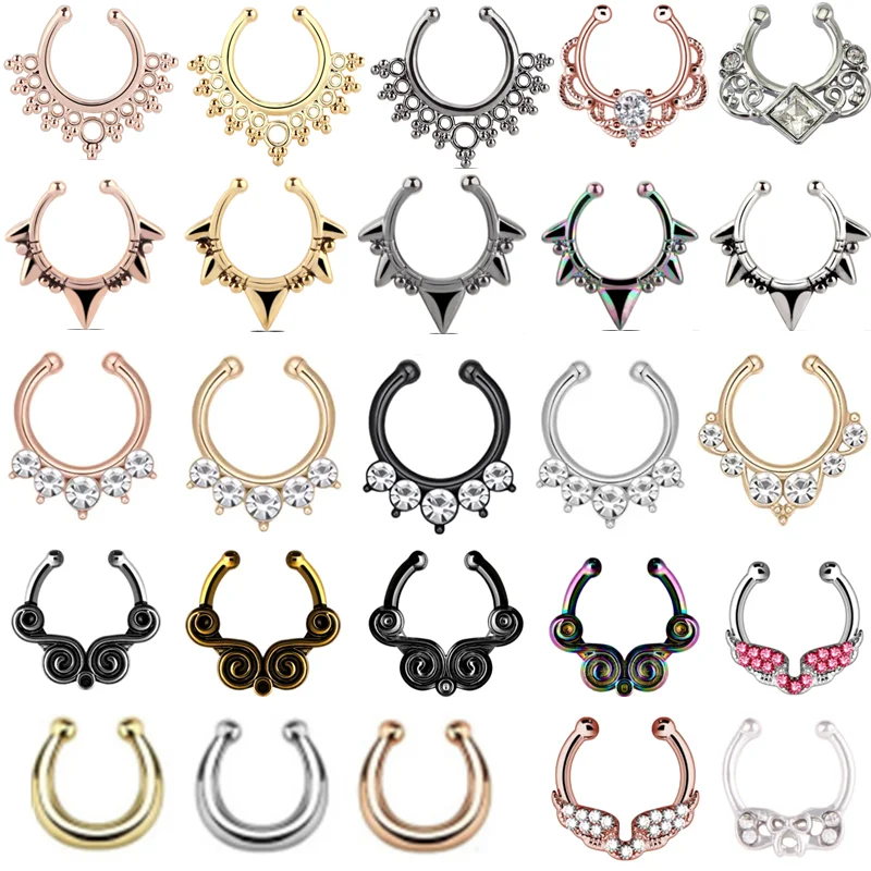 1PCS Zircon Stainless Steel Fake Nose Piering Ring Septum Cheater Clip On Non Piercing Nose Ring Septum Jewelry Faux Percing Nez