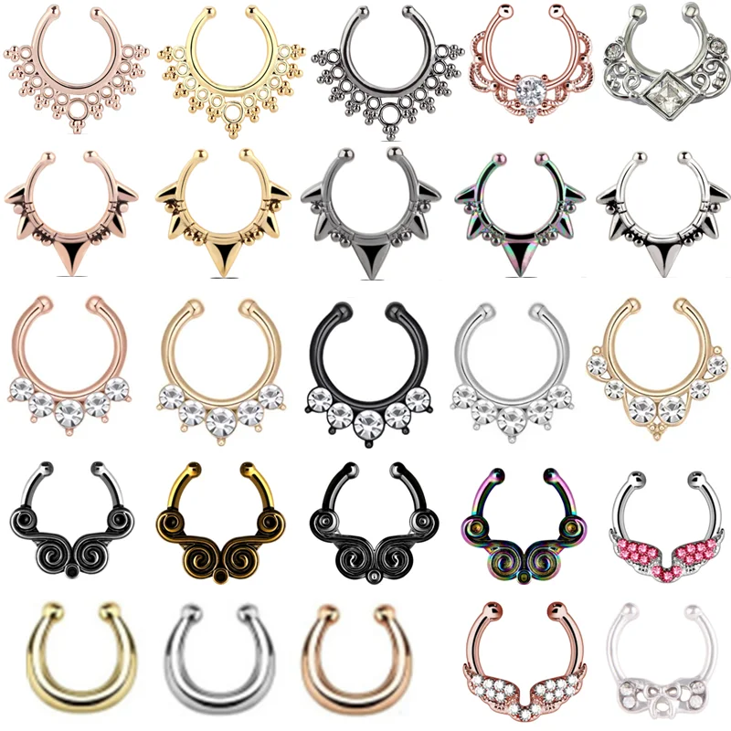 

1PCS Zircon Stainless Steel Fake Nose Piering Ring Septum Cheater Clip On Non Piercing Nose Ring Septum Jewelry Faux Percing Nez