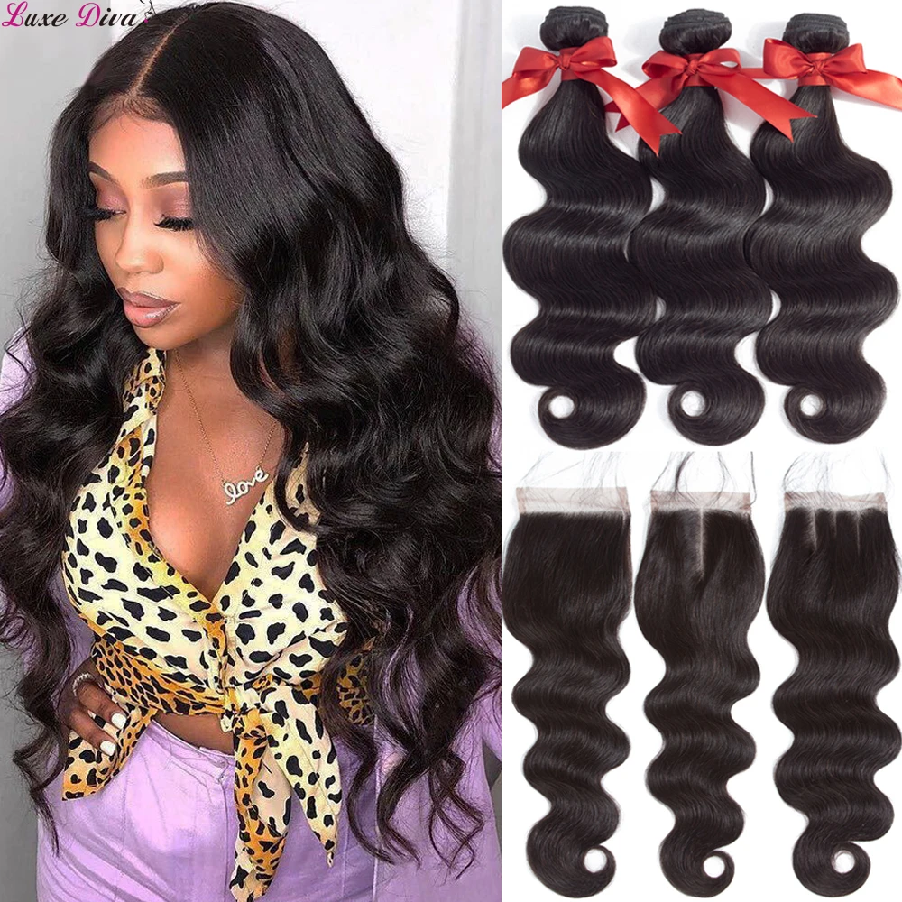 Luxediva Brazilian Hair Body Wave 3 Bundles With Closure Human Hair Bundles With Lace Closure Remy #1Natural Brown Hair Exension