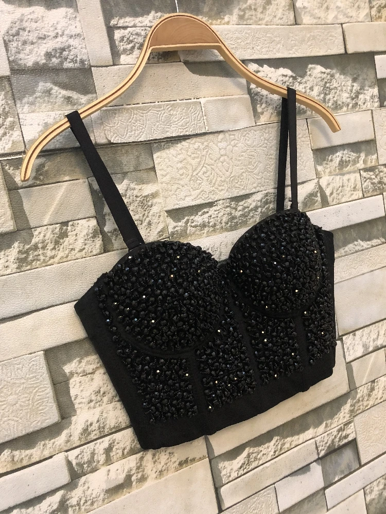 luxury manual customization Beaded Sport Bra Fitness Tops black Push Up Dance performance Underwear Sports Bras for girl club