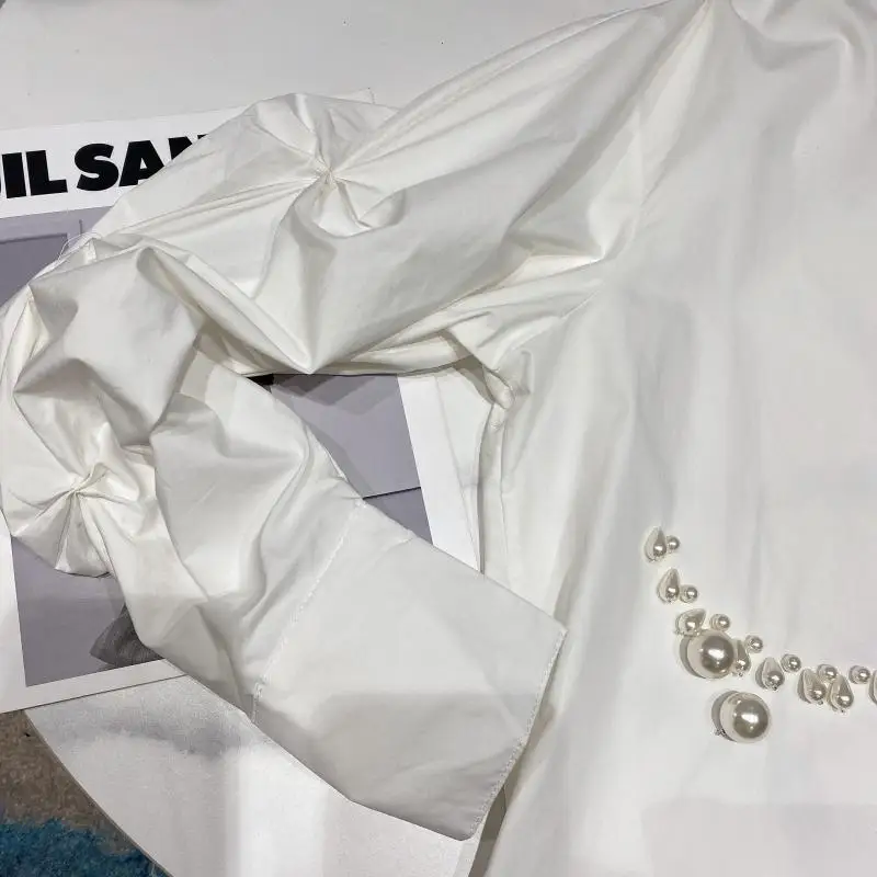 

Pearl Beaded Design Shirt Women's Fashion Pleated Long Sleeve Simple Shirts 2021 Spring/Autumn Girly Style Fresh Sweet Blouses