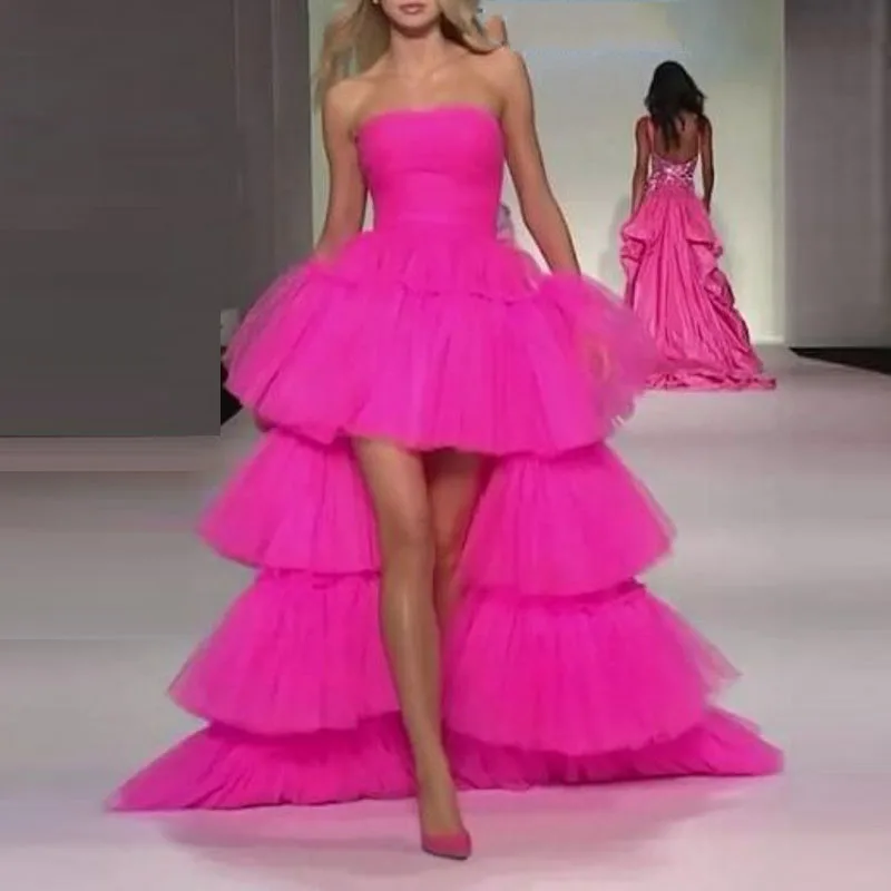 

Rose Red Fuchsia Evening Gown Hi Low Vestido Longo abendkleider Tiered Formal Dresses Off Shoulder Backless Train Robe de soiree