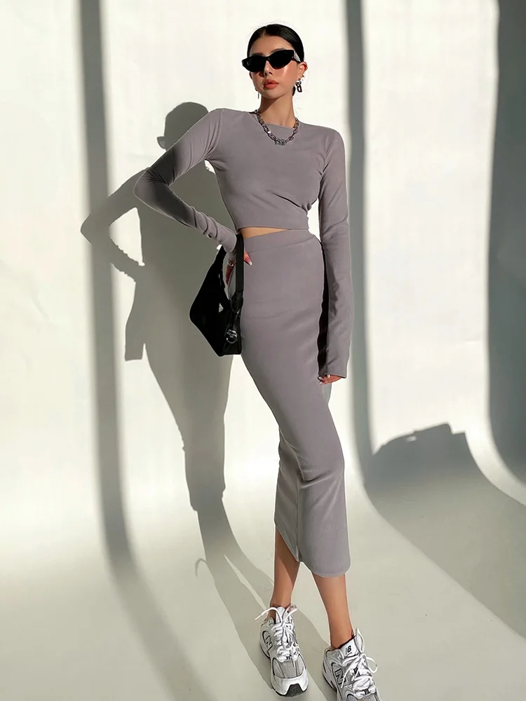 Женская осенне-зимняя сексуальная облегающая длинная юбка с футболкой топ