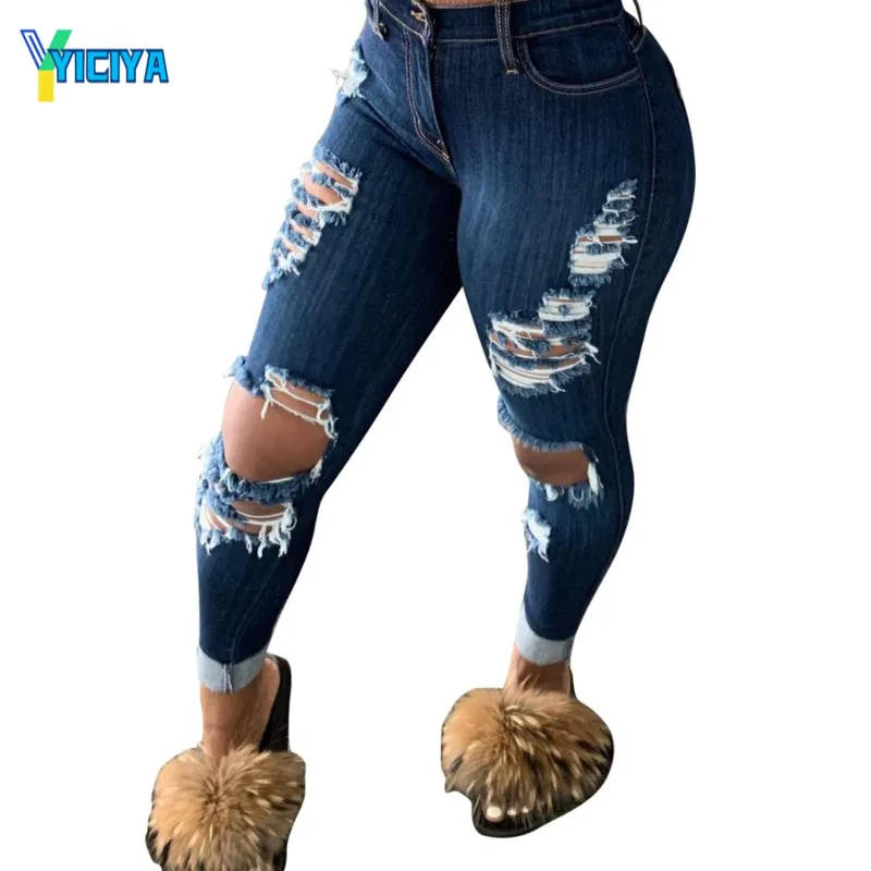 

YICIYA Women Ripped Hole Denim Jeans High Waist Bodycon Skinny Pencil Pants women pants jeans y2k trousers met jean femme pant