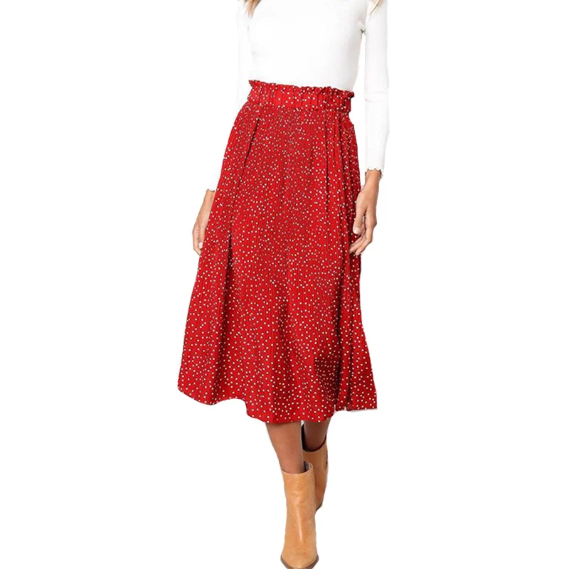 

Ladies High Waist Polka Dot Casual All-Match Bohemian Skirt Pocket Pleated Ruffle