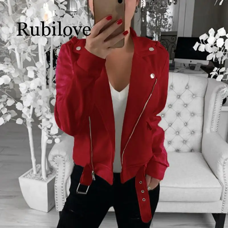 

Женская мотоциклетная куртка Rubilove, куртка из искусственной кожи в стиле хип-хоп, уличная одежда, осенняя куртка на молнии с поясом и отложны...