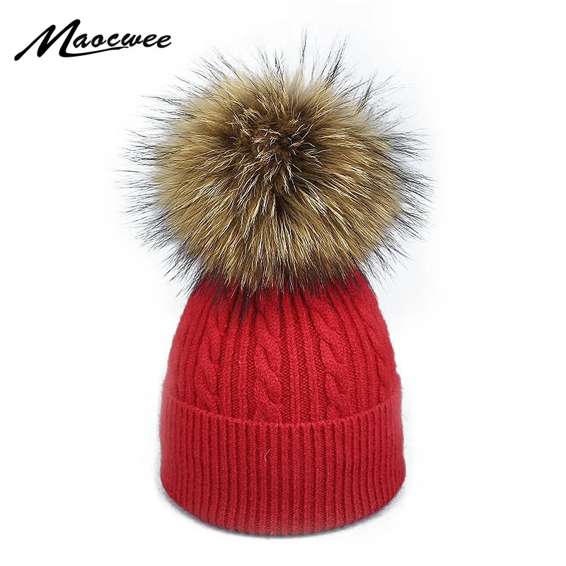 

Women Winter Crochet Beanie Hat With Real Fur Pompon Knitted Soft Warm Cap Autumn Female Adult Knitted Solid Color Pompom Beanie