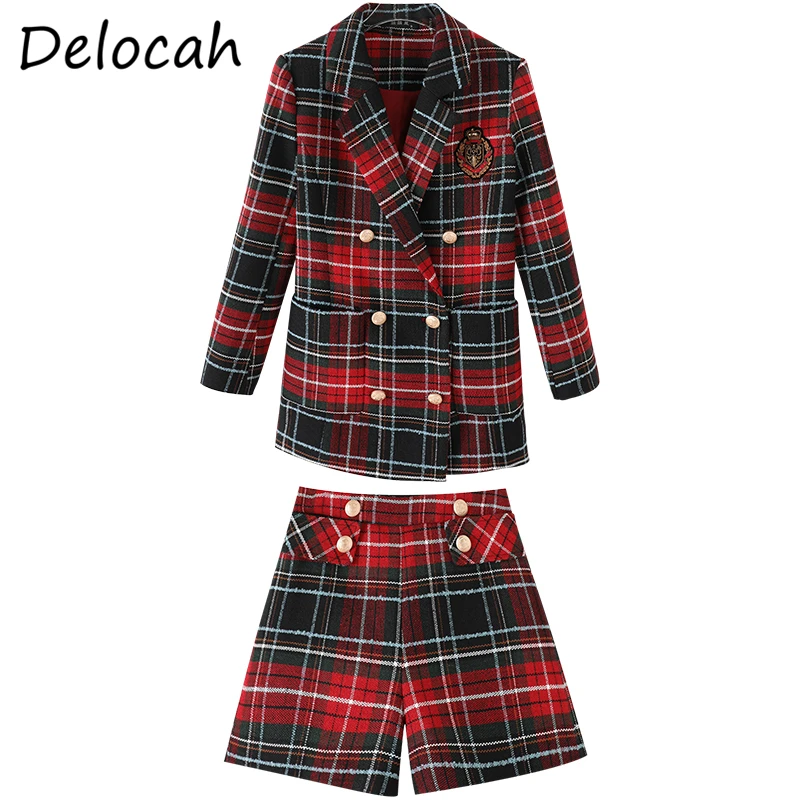 

Delocah Women Summer Fashion DesignerShorts Set Double Breasted Long Sleeve Tops + Plaid Printed Shorts 2 TwoPiecesSuits 2021