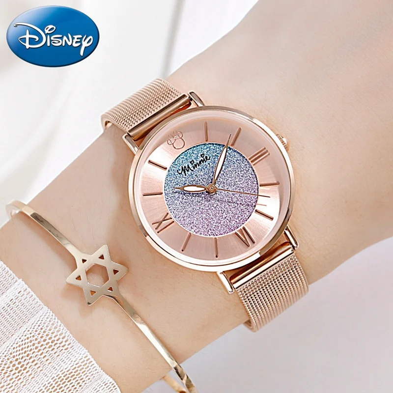 

Minnie Mouse Ladies Colorful Starry Stainless Steel Quartz Watches Womens Luxury Disney Ultrathin Wristwatch Girls Clocks Female