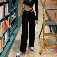 vintage 90s hollow out high waist zip up long pants y2k streetwear straight black trousers casual outfits slim gothic pants
