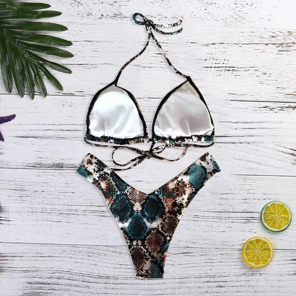 Chamsgend Women Swimwear Beach Snake Print Split Swimsuit Padded Push up Beachwear Low Waist Bikini Set | Женская одежда