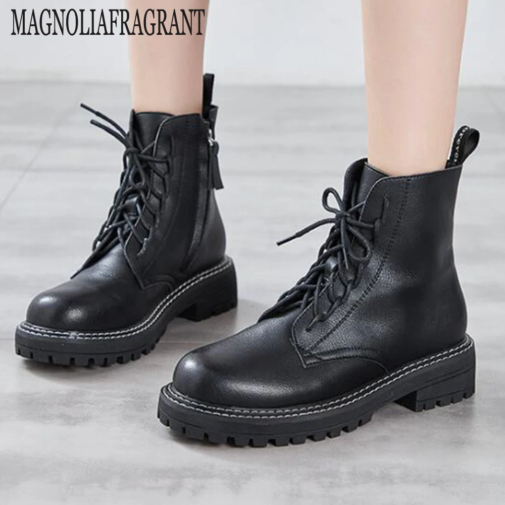 Женские мотоциклетные ботинки из натуральной кожи с круглым носком на шнуровке