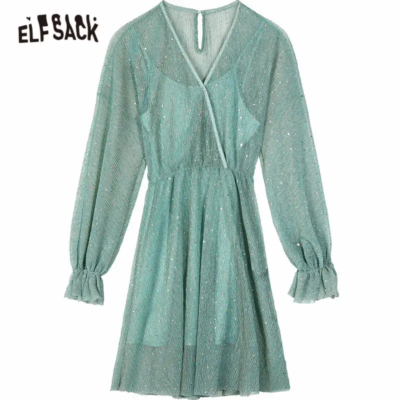 Женское однотонное платье средней длины ELFSACK зеленое повседневное корейское с