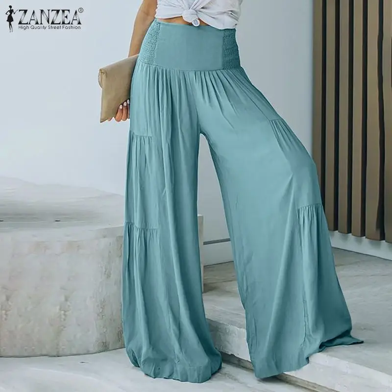 

Женские широкие брюки ZANZEA, Летние Плиссированные Лоскутные штаны с высокой талией, повседневные однотонные свободные длинные штаны, 2021
