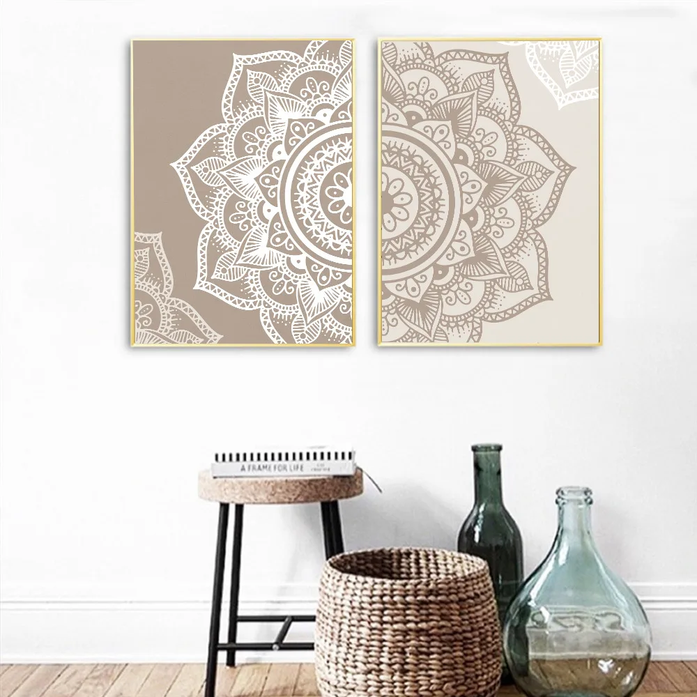 Постер дзен йога Мандала Цветочная Картина на холсте бежевые нейтральные цвета