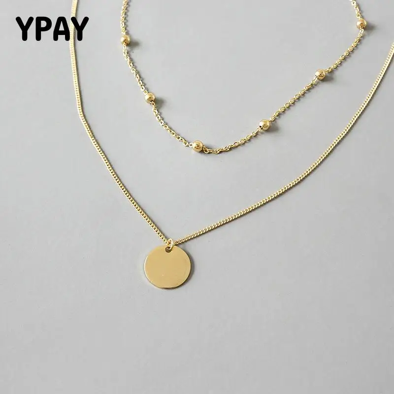

YPAY Double Layer Beads & Coin Women Necklace Real 925 Silver Choker Pendant Bijoux Femme Collier Necklace Fine Jewelry YMN087