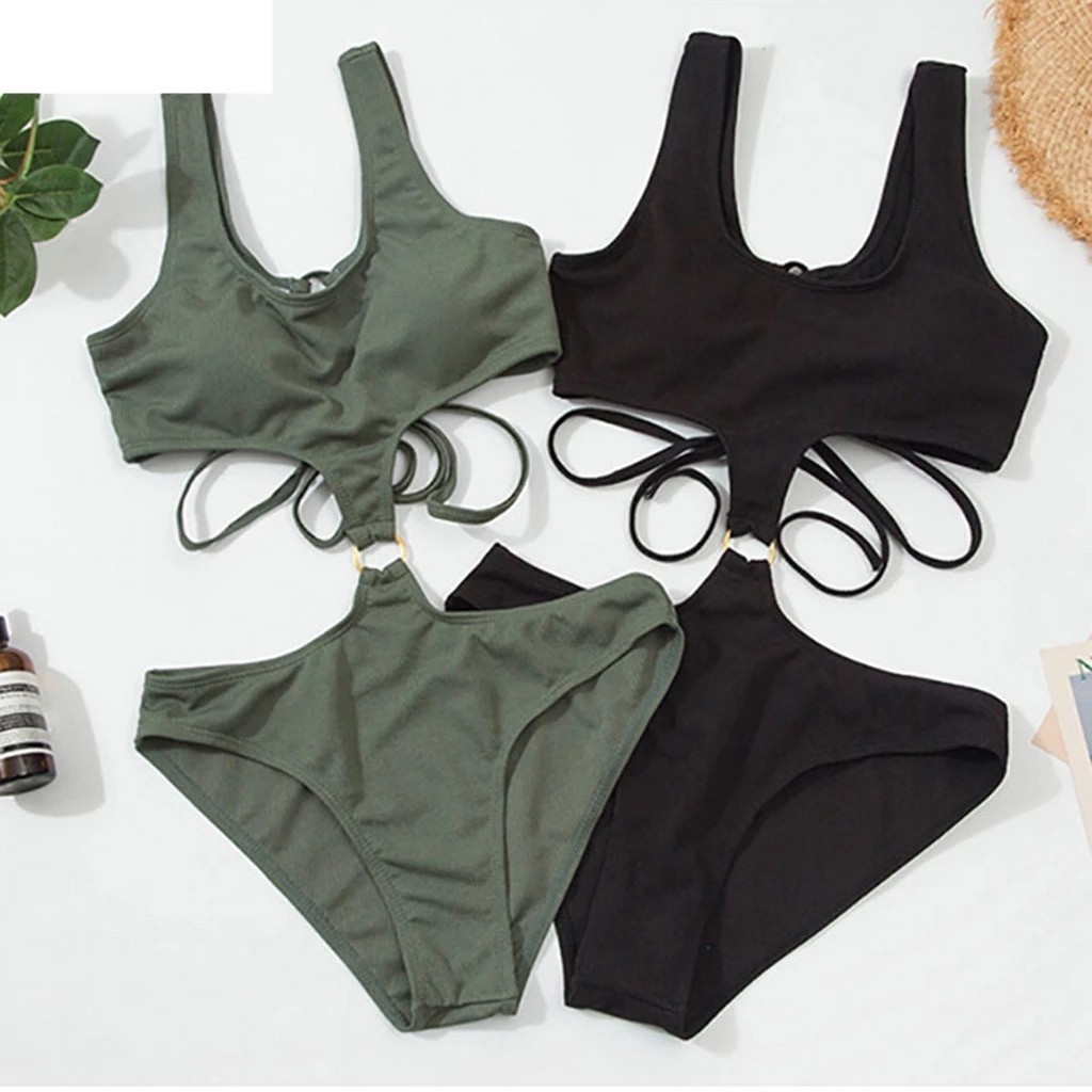 Женский купальник бикини на бретелях с завязками сексуальный однотонный