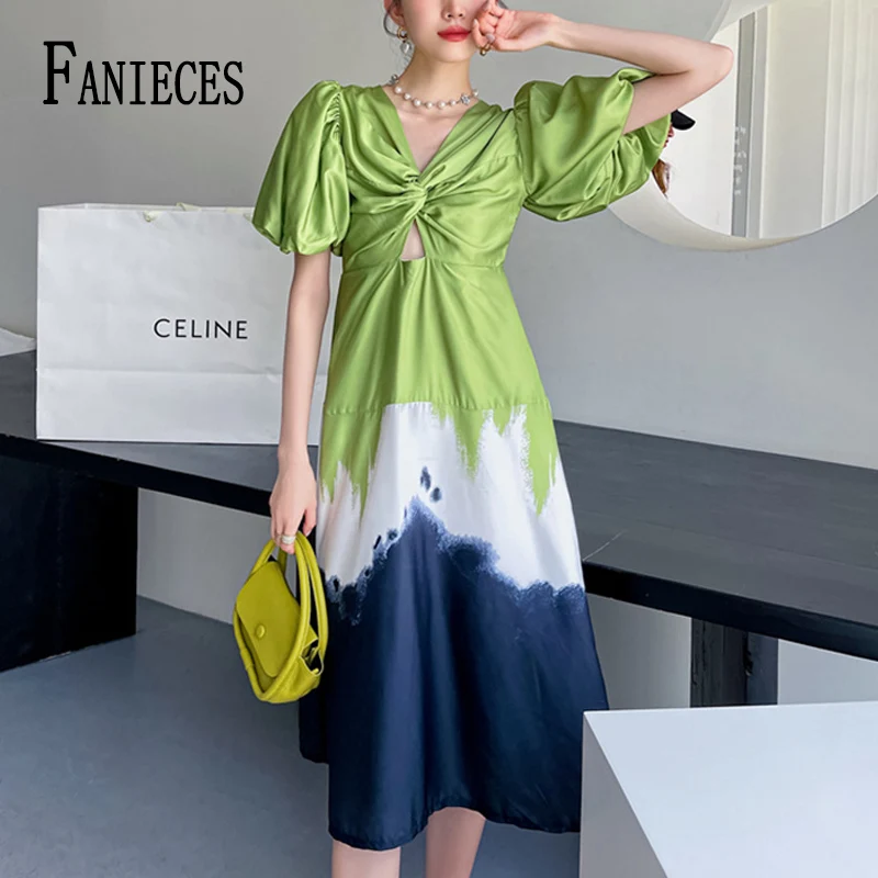 

FANIECES Fashion Puff Sleeve Midi Dresses Women Summer Green Colorblock V Neck Twist Up Ruched Front Hollow Out Vestido NRJ9327