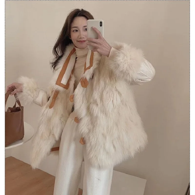 2021 Fashion Raccoon Dog Fur Coats Real Leather and Fur Jackets with Natural Fox Fur Collar Ladies Outwear Winter Jackets