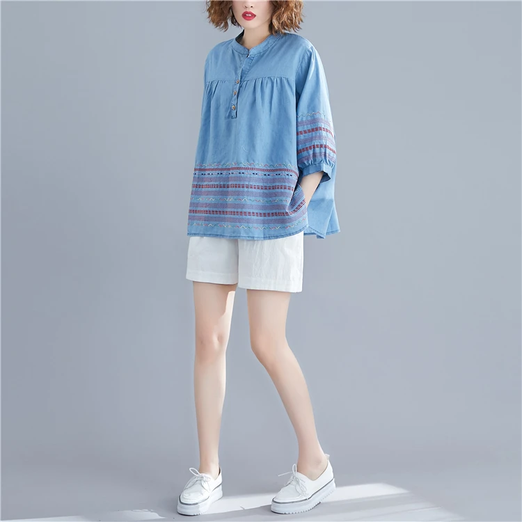 2020 новые летние женские модные элегантные джинсовые топы с вышивкой Женские