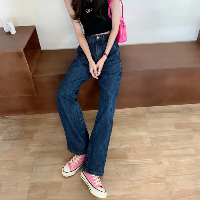 Джинсы Design Sense с завышенной талией темные женские летние брюки прямые свободные