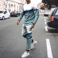 new autumn winter mens round neck sweater trousers 3d two piece stitching color theme sports jogging daily casual style