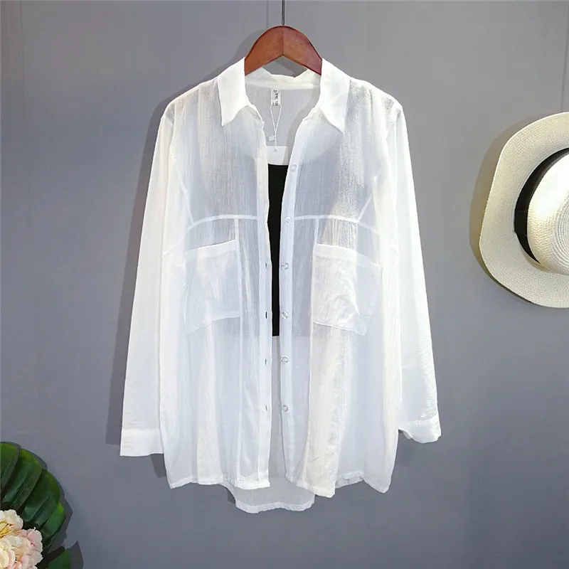 

2019 Summer Pleated Solid Loose Shirts Women Cotton Linen Long Sleeve Thin OL Shirt Krea White Blouse Casual Streetwear Tops