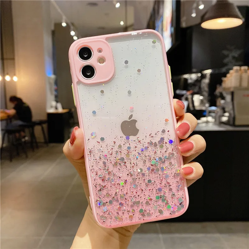 glitter star sequins soft bling clear phone case for iphone 13 11 pro max xs xr 12 mini 7 8 plus se shockproof transparent cover free global shipping