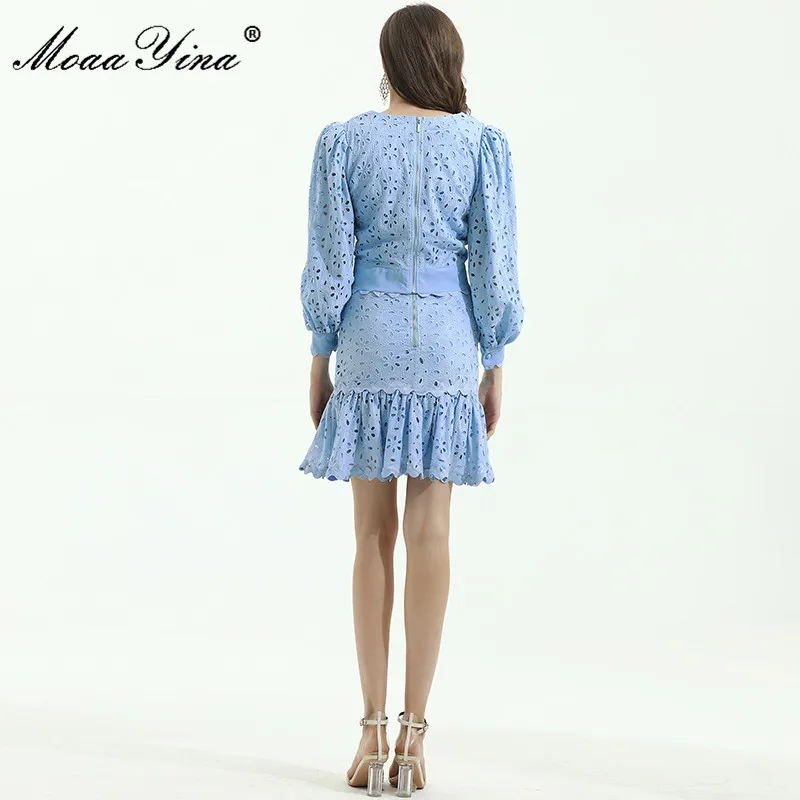 

MoaaYina Fashion Designer Set Spring Women V-neck Lantern Sleeve Tops+Package hip Skirt Hollow out Embroidery Two-piece sets