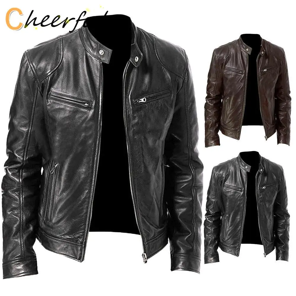 

Autumn Winter Men Stand Collar Zipper Faux Leather Motorcycle Jacket Short Coat