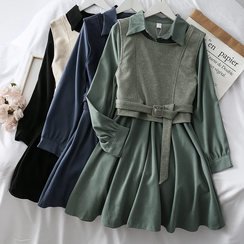 SINGRAIN женское платье рубашка + вельветовый Жилет Модная уличная одежда из двух