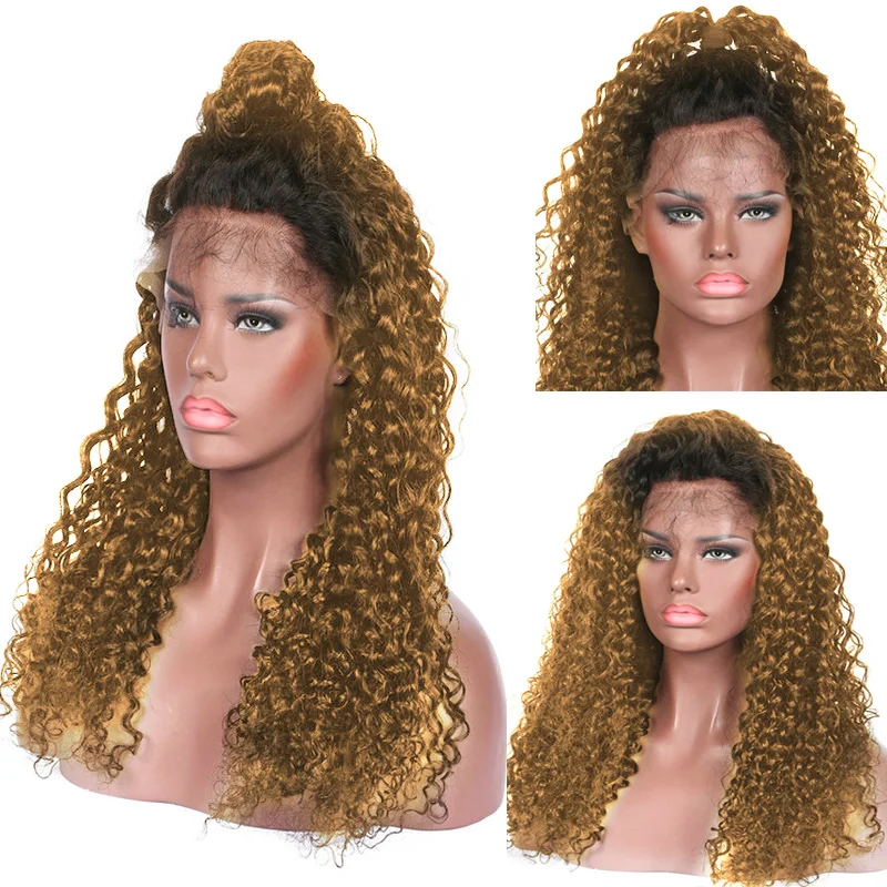 

Heat Resistant Ombre Blonde Synthetic Lace Front Wig High Density Long Curly 1B27 Wig Glueless Cosplay Wigs For Black Women