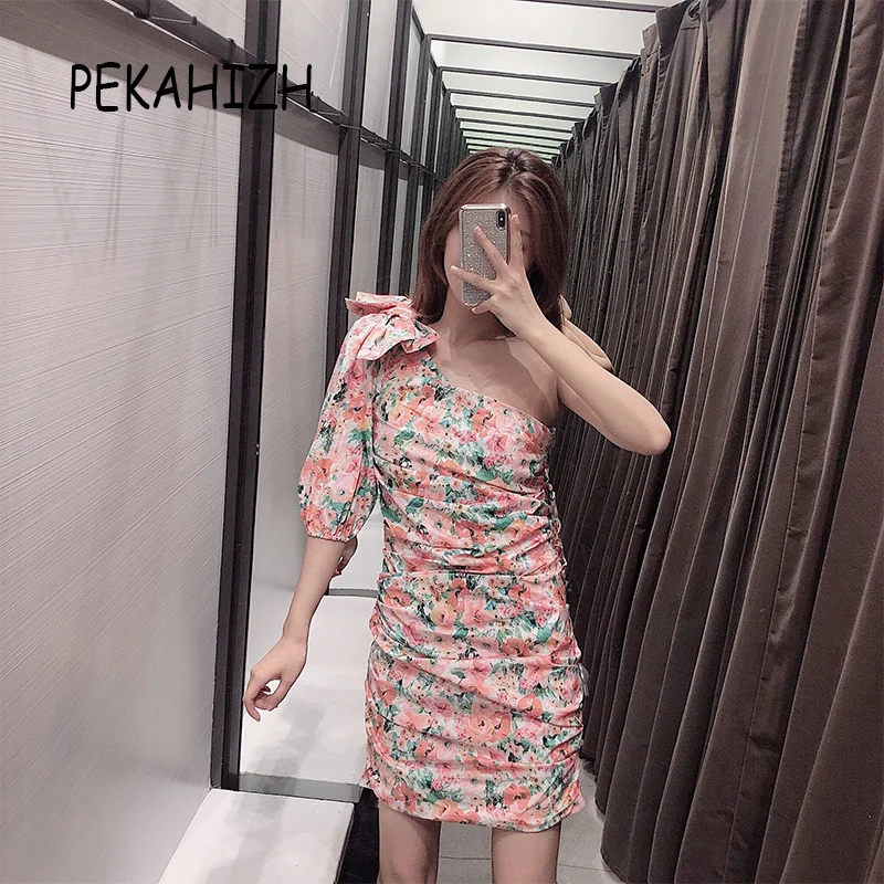 Летнее платье 2019 винтажное Сексуальное розовое на одно плечо Элегантное