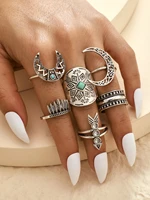 2021 vintage fashion hollow geometric green opal crescent horns arrow statement rings set for women retro trendy jewelry rings