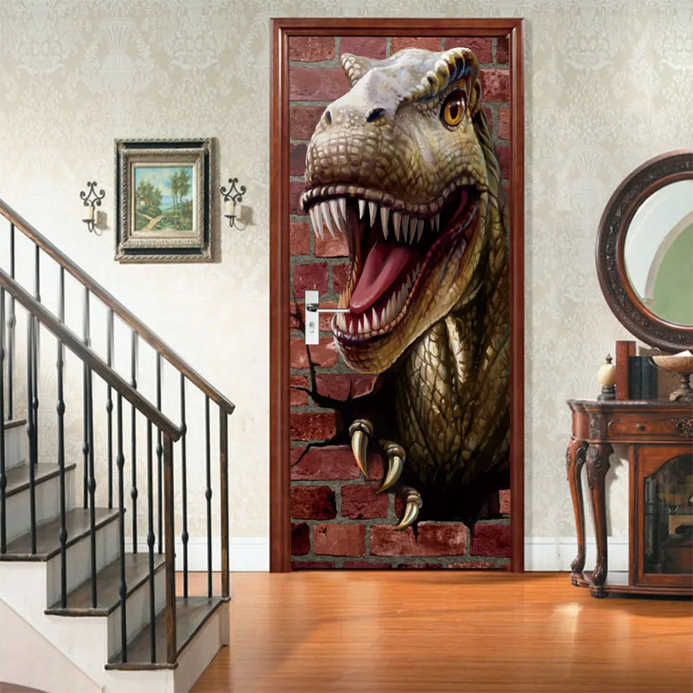 Pegatinas de puerta 3D de dinosaurio creativo, pegatinas de pared autoadhesivas, impermeables, extra&iacute;bles-0