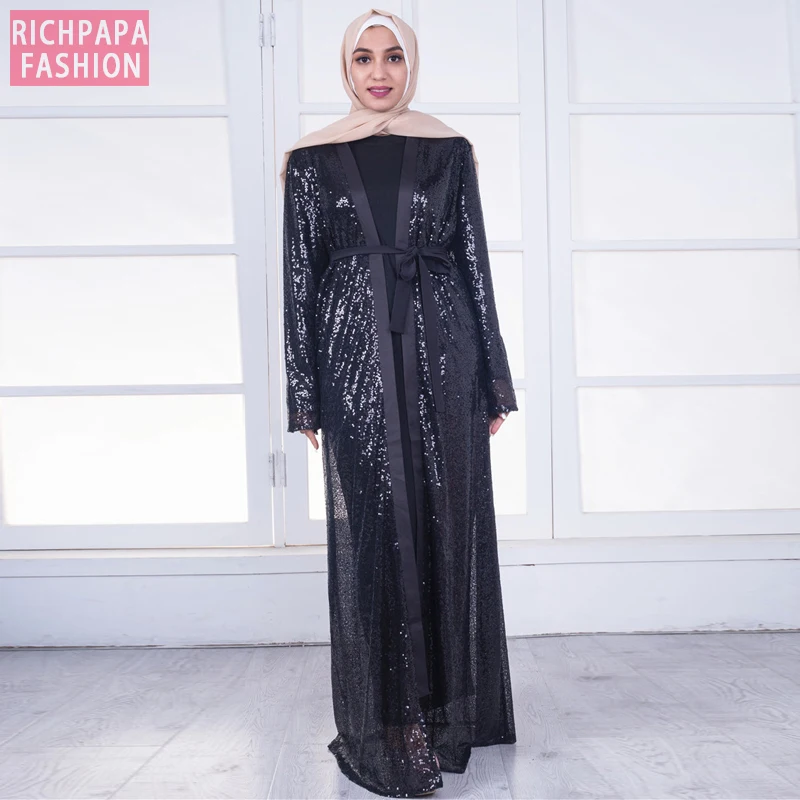 Женское кимоно с черными пайетками абайя Дубай женское кардиган мусульманский