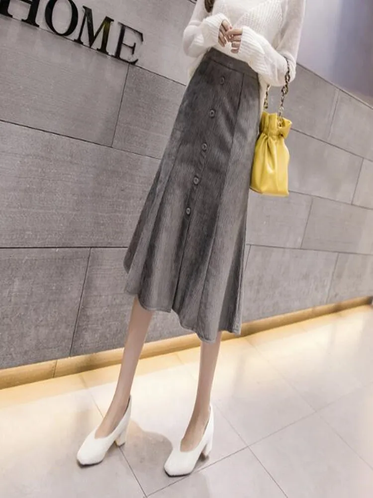 

Autumn Winter Solid Trumpet Skirt Womens Vintage Casual Corduroy Mermaid Skirts Office OL Midi Skirt Femme High Waist Skirt