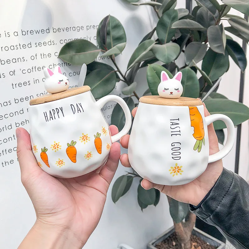 

Korean Style Cute Cartoon Rabbit Ceramic Mug Female Office with Cover Spoon Carrot Breakfast Milk Water Cup
