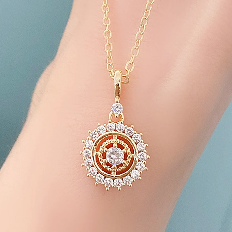 

Vintage Elegant 14k Real Gold Mystery Compass Charming Temperament Pendant Necklace for Women High Quality Jewelry Chain Zircon