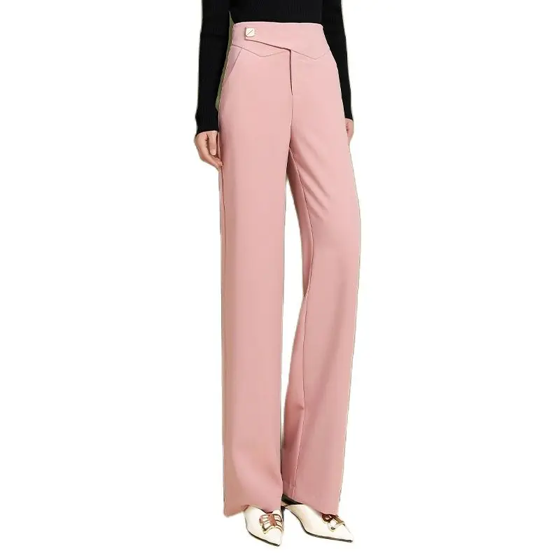 

Women Fashion Elegant Wide Leg Pants Straight Elastic Waist White Pink Black Solid Pure Color Office Lady Spring Summer Trousers