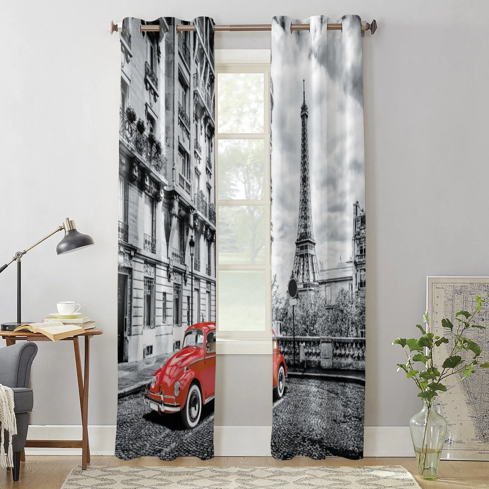 Красные винтажные автомобили Парижская башня уличные окна шторы для гостиной