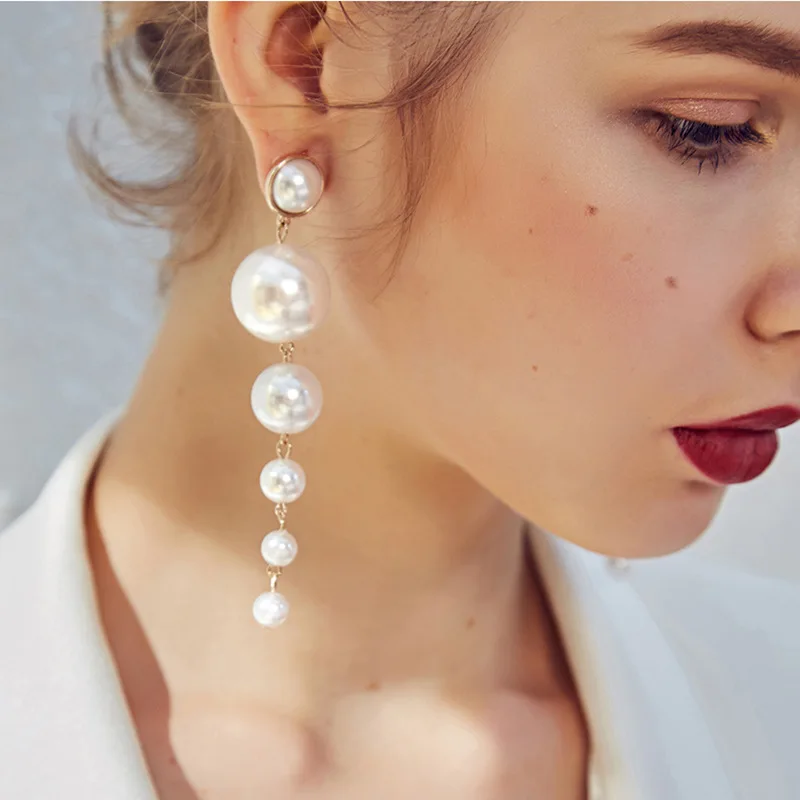 

Trendy Elegant Created Big Simulated Pearl Long Earrings Pearls String Statement Drop Earrings For Women Wedding Party Gift