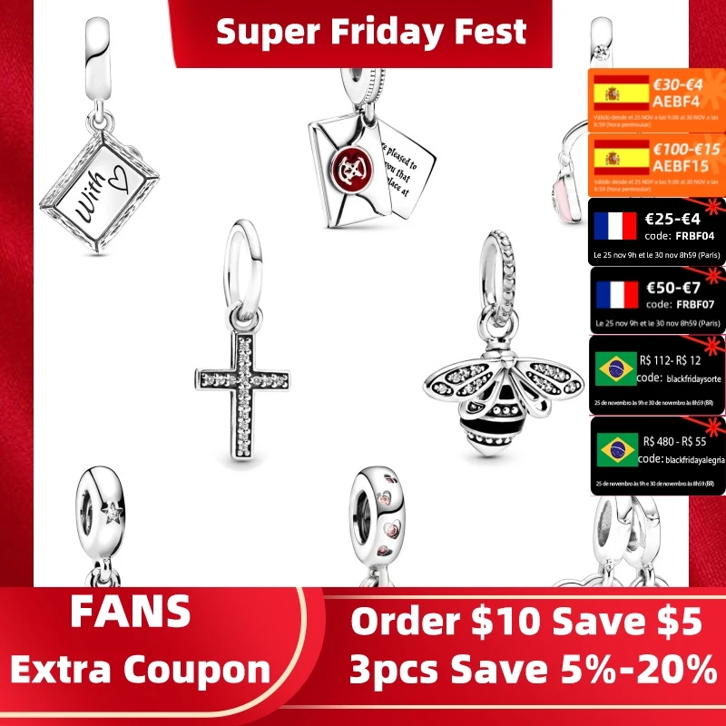 

MC 925 Sterling Silver Envelope Owl Earphone Cross Beads Fit Original Pandora Charm Bracelet Pendants For Women DIY Fine Jewelry