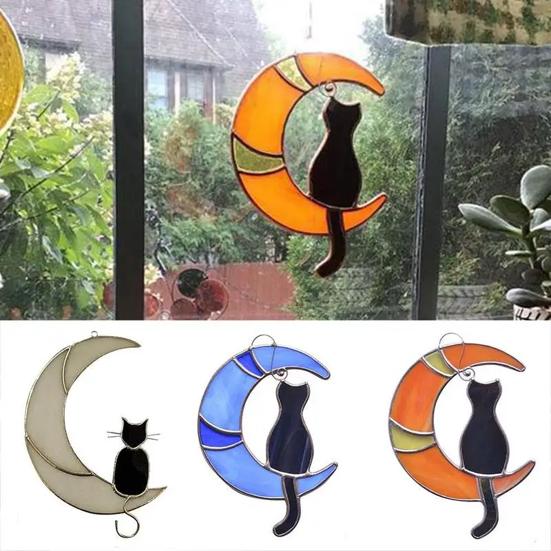 

Stained Glass Cat On The Moon Window Hanging Decoration Cat The Pendant Black Hangs Moon Lover Home Cat Cat Gift On Decor U2N5