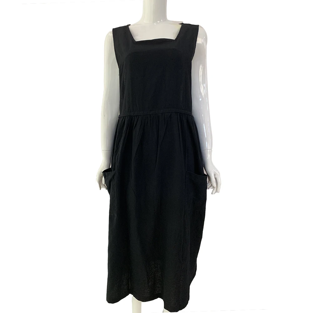 

Women Solid Color Sleeveless Square Neck Pockets Cotton Linen Apron Long Dress
